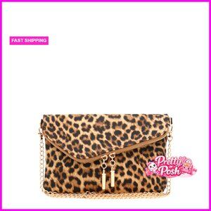 Faux Leather Envelope Clutch with Detachable Chain Strap, Wristlet